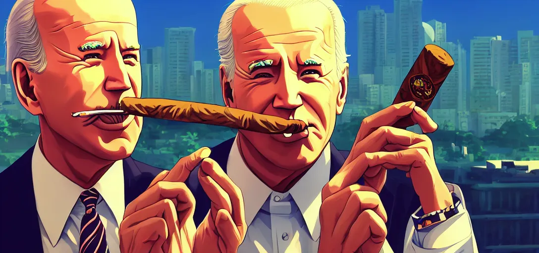 Image similar to ⁠portrait of Joe Biden Smoking a cigar , Karachi skyline background, rich vivid colors, ambient lighting, dynamic lighting, 4k, HQ, official media, anime key visual, makoto shinkai, ilya kuvshinov, lois van baarle, rossdraws, detailed, trending on artstation