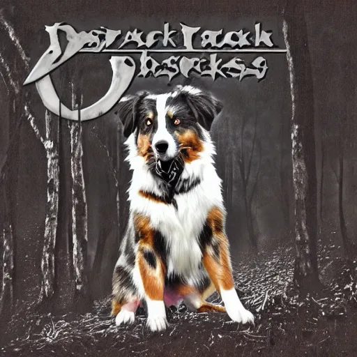 Image similar to australian shepherd on the album cover of a black metal band