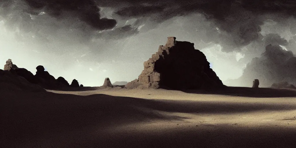 Image similar to a wide desertic matte painting landscape with ancient temple buried in the sun. big sand dunes. under a white sky with black stars. by goya. eerie lighting. photorealistic. artstation. hd.