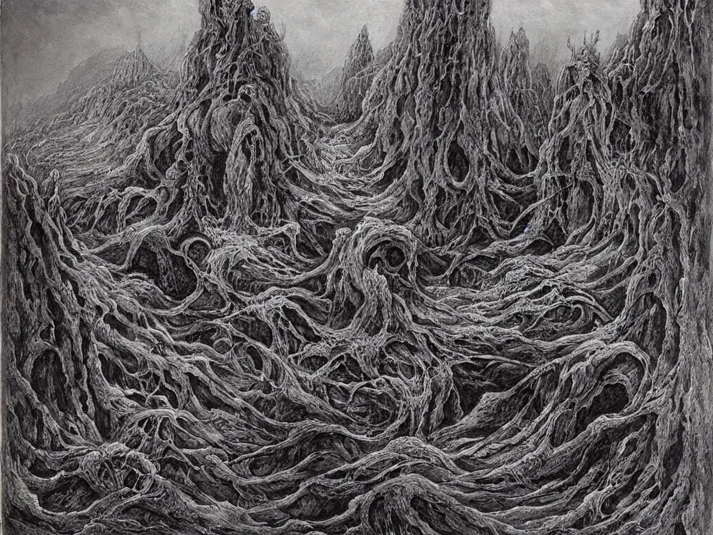 Image similar to landscape by H.R. Giger, Zdzislaw Beksinski, Todd McFarlane