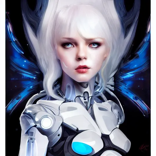 Image similar to Beautiful cyborg angel girl, blue eyes, white hair, front lit, clear skin, futuristic room background, excellent composition, decorations, innocent look, high quality, highly detailed, scifi, trending on ArtStation, art by Minjae Lee, Kim Sang-Hui