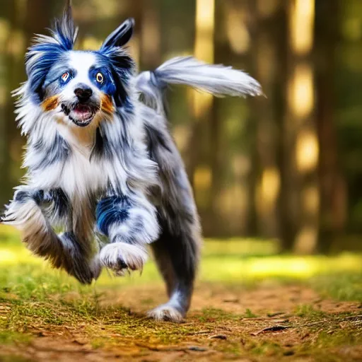 Prompt: blue Merle australian Shepard running through a forest, photography, hyper realistic