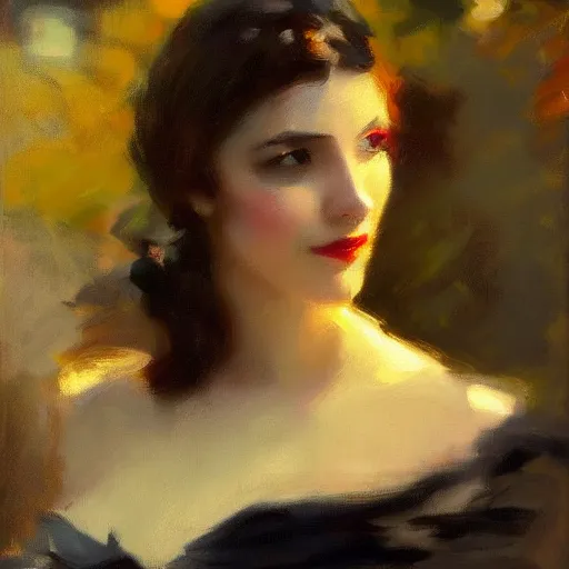 Prompt: beautiful and stunning portrait of a woman in a serene environment. by Antoine Blanchard and John Singer Sargent, trending on artstation 8k hq, art deco, cinematic lighting