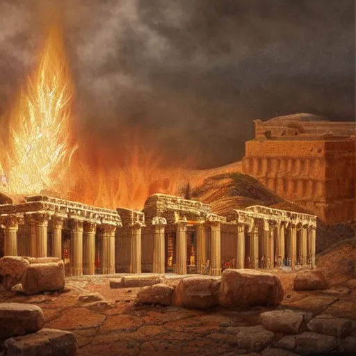 Prompt: a beautiful detailed and realistic matte painting of Herod’s Temple in Jerusalem aflame