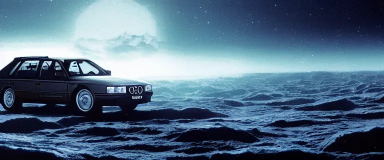 Image similar to Audi 80 B3 Avant (1988) floating in the void facing Kraken, a eerie horror sci-fi, star citizen, hopeless, dramatic lighting, cinematic, off-world, space, zero gravity, eldritch horror creatures floating through space, lack of ground, dark, establishing shot, extremely high detail, photorealistic, cinematic lighting, artstation, by simon stalenhag