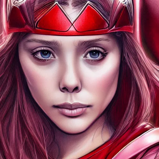 Image similar to Elizabeth Olsen as Scarlet Witch portrait, male anime style, illustrated by Avetetsuya Studios, intricate, detailed, photorealistic, trending on artstation, studio lighting, 4k, 8k