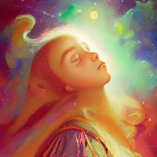 Image similar to A beautiful illustration of a young girl with long flowing hair, looking up at the stars. She appears to be dreaming or lost in thought. mariachi, medieval parchment by Scott Naismith, by Lorenz Hideyoshi, by Michael Whelan vfx, beautiful