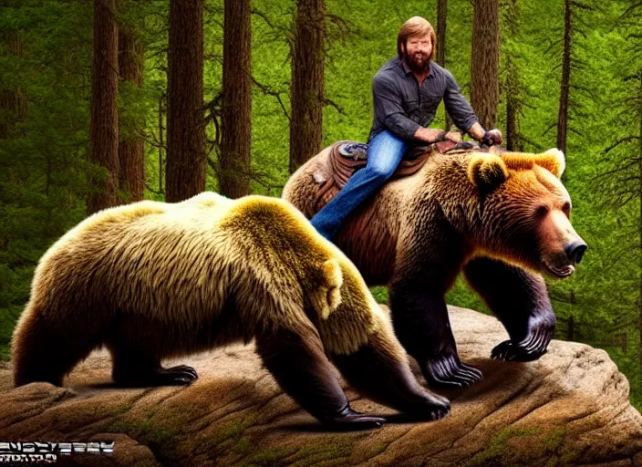 Image similar to photo of chuck norris riding his grizzly bear, in the forest. fantasy magic style. highly detailed 8 k. intricate. nikon d 8 5 0 5 5 mm. award winning photography.