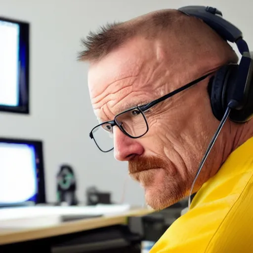 Image similar to close up, cropped award winning photo of walter white wearing pink headphones and sitting at his desk gaming, incredibly detailed, sharp focus, hyper realistic