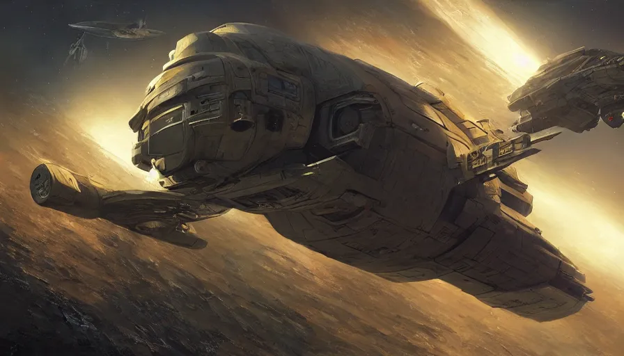 Prompt: craig mullins illustration firefly space ship, serenity, star citizen, artstation, unreal engine, hyper realism, realistic shading, cinematic composition, realistic render, octane render, detailed textures, photorealistic, wide shot