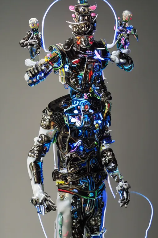 Image similar to full-body neon porcelain bladerunner style sculpture of a young handsome Italian ninja as a half android with a porcelain chest opening exposing circuitry and electric sparks, glowing laser beam eyes, crown of giant diamonds, flowing neon-colored silk, fabric, raptors. baroque elements. full-length view. baroque element. intricate artwork by caravaggio. Very very very very highly detailed epic photo of face. Trending on artstation, octane render, cinematic lighting from the right, hyper realism, octane render, 8k, depth of field, 3D