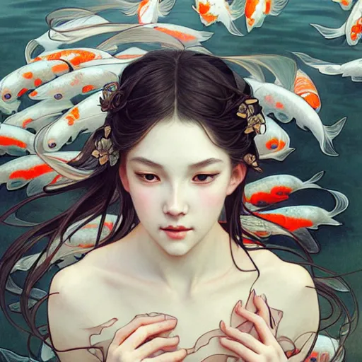 Image similar to Portrait of a girl surrounded by Koi fish, face, fantasy, intricate, elegant, highly detailed, digital painting, artstation, concept art, smooth, sharp focus, illustration, art by Yuhong Ding and Artem Demura and alphonse mucha