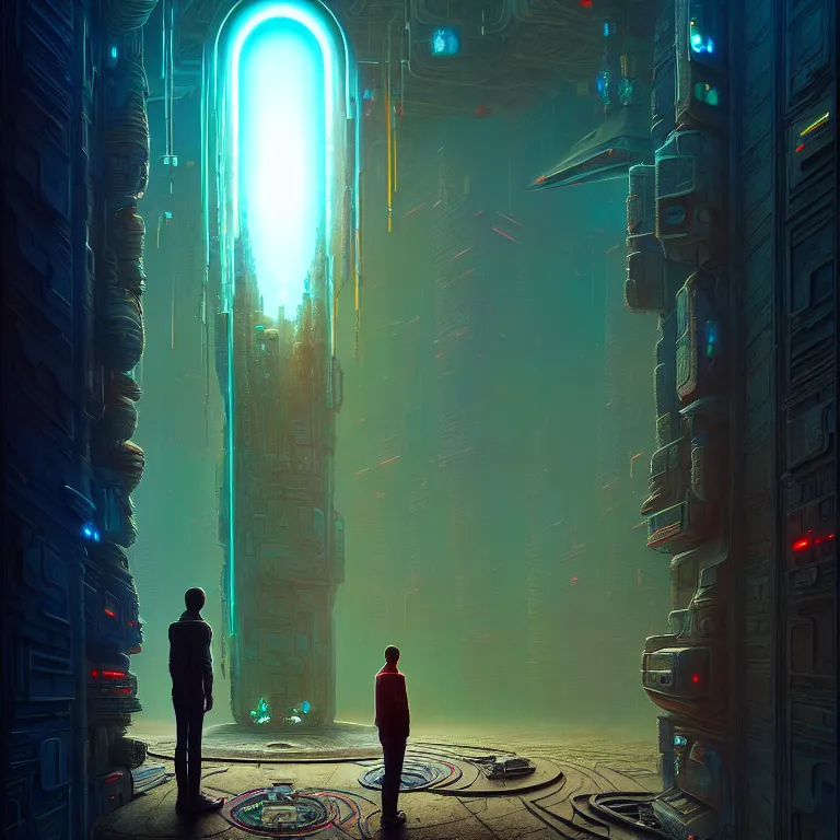 Prompt: a person standing in front of a portal, cyberpunk, epic surrealism, detailed digital matte painting in the style of simon stalenhag and bev dolittle zdzislaw beksinski, greg hildebrandt artstation, psychedelic
