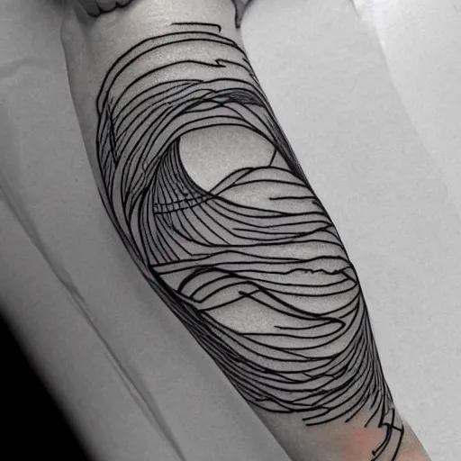 Image similar to tattoo sketch of a ocean, on a yellow canva, ornamental, line art, minimalism, tatto for leg