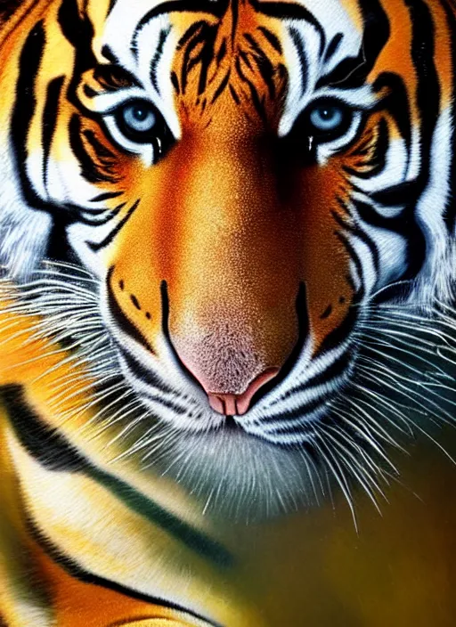 Image similar to a color photo of a tiger, a photorealistic painting by christian w. staudinger, behance, hyperrealism, hyper realism, majestic, wallpaper