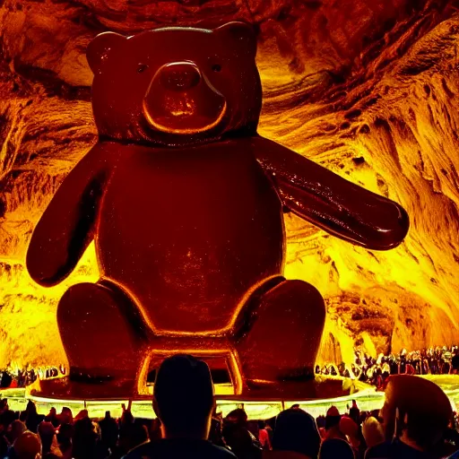 Image similar to a stunning image of a giant gummy bear on a golden pedestal, many people worshipping, dark cave like surrounding.