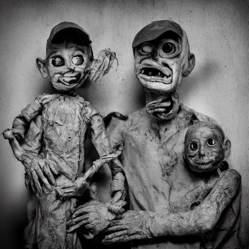 Image similar to creepy ventriloquist dummy in the style of roger ballen, 4 k, bw, portrait