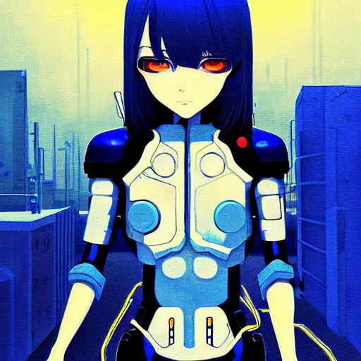 Image similar to cyborg - girl breaking into pieces as it walks down a street, highly detailed, painting, dark blue and black color palette, intricate, high quality anime artstyle, in the style of ilya kuvshinov