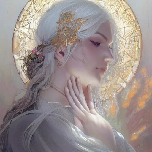 Prompt: god, white hair, long hair, hands spread out in prayer, intricate, elegant, ethereal, highly detailed, digital painting, artstation, concept art, smooth, sharp focus, illustration, art by artgerm and greg rutkowski and alphonse mucha