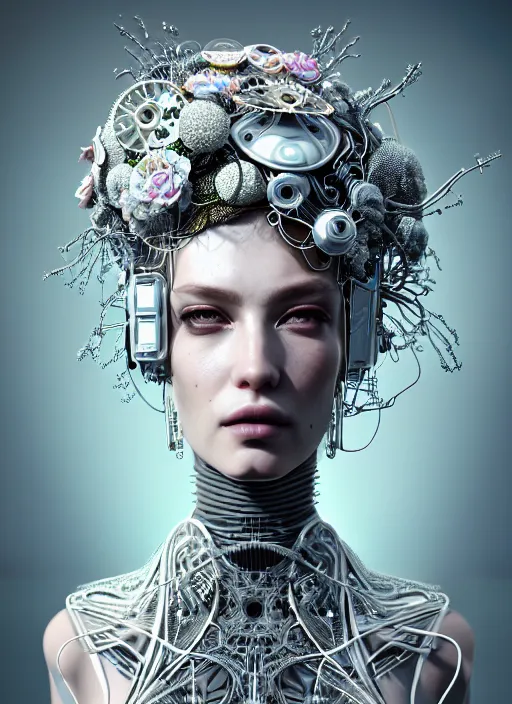 Prompt: portrait of an absurdly beautiful, graceful, sophisticated, fashionable cyberpunk mechanoid, hyperdetailed illustration by irakli nadar and alexandre ferra, intricate linework, white porcelain skin, faberge, rosses, trees, flowers, grass headdress, unreal engine 5 highly rendered, global illumination, radiant light, detailed and intricate environment