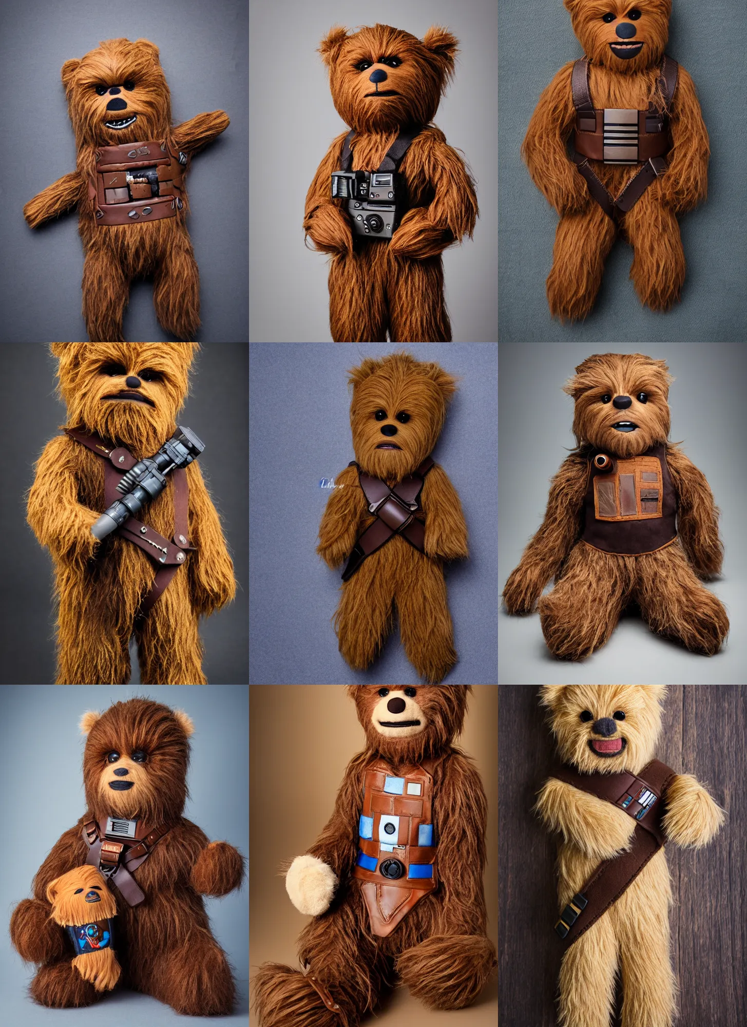 Prompt: teddy bear as chewbacca wearing chewbacca bandolier, stuffed toy, product photo, jellycat, dslr, studio lighting, annie leibovitz