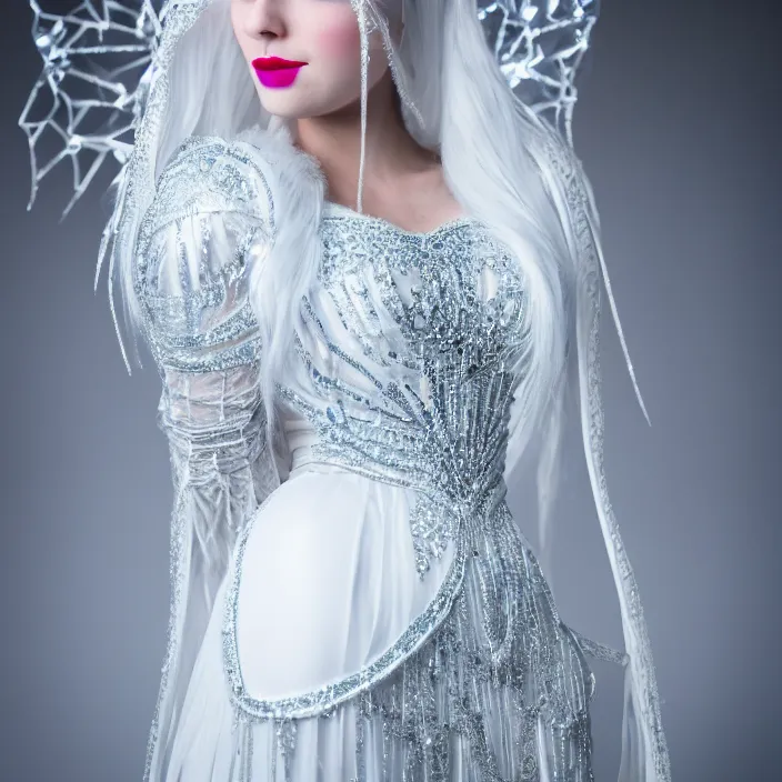 Image similar to photograph of a real-life beautiful ice queen with ornate white dress. Extremely detailed. 8k