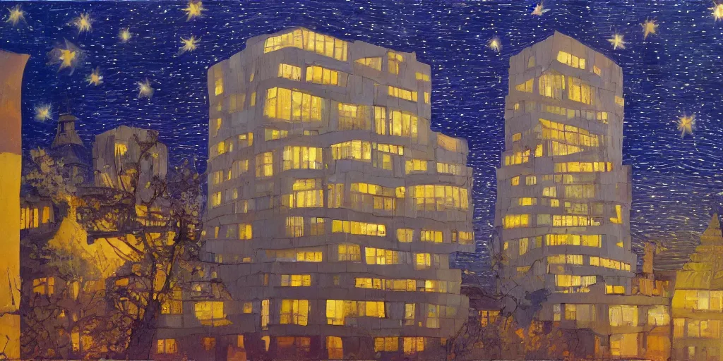 Image similar to stary night painting, norman foster tower, house, city