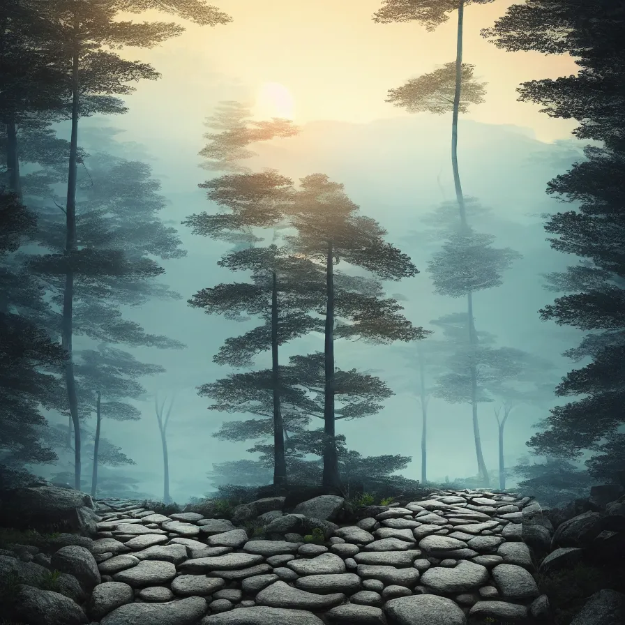 Image similar to surrealist abstract art of a stone path leading to the horizon through giant pine forests down a rocky mountain coast towards a majestic sunset. atmospheric foggy landscape, soft tones, psychedelic, ultra realistic, concept art, modern art, photorealistic, octane render.