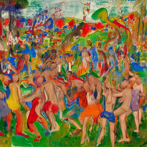 Prompt: 50 peoples dancing in the garden of eden, happy, painted by Asger Jorn, 8k, Peter Doig, abstract oil paint with thick brushstrokes of paint, ultra detailed, realistic, small spot of thick melting paint drips all over