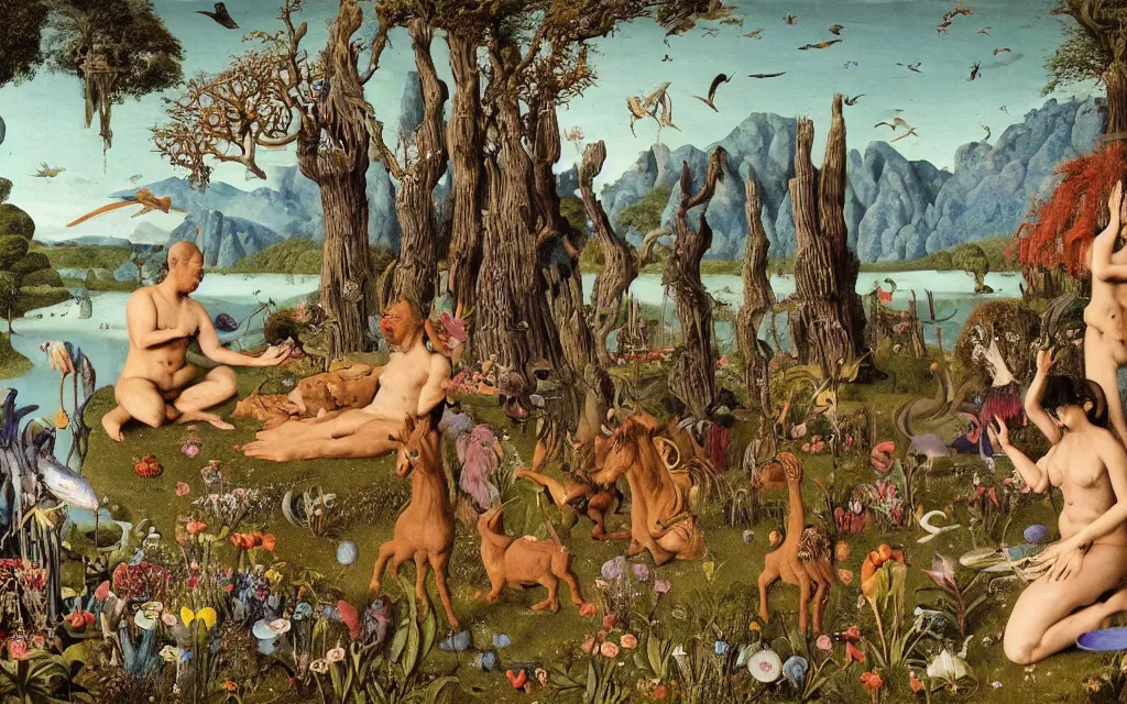 Image similar to a photograph of a meditating centaur shaman and a harpy mermaid feeding animals. surrounded by bulbous flowers, a few trees and wild animals. river delta with mountains and cliffs under a blue sky full of burning stars and birds. painted by jan van eyck, max ernst, ernst haeckel, ernst fuchs and artgerm. trending on artstation