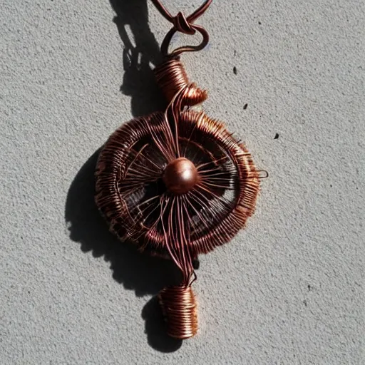 Image similar to a beautiful amulet made from sand and dirt, with copper wire details