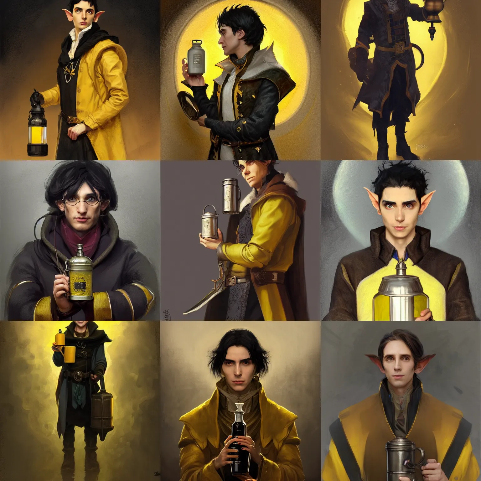 Prompt: portrait of a male elf alchemist with black hair wearing a yellow coat holding a flask, half body, fantasy, highly detailed, digital painting, artstation, concept art, character art, art by greg rutkowski and tyler jacobson and alphonse mucha
