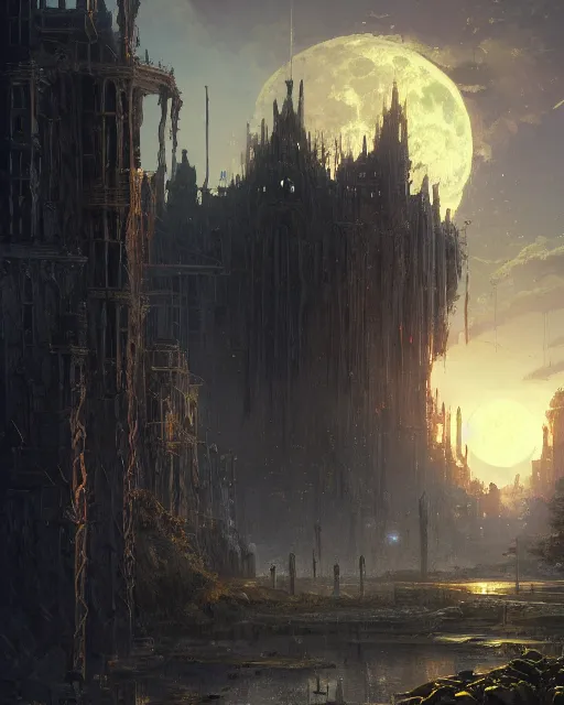 Image similar to a city moonrise landscape, realistic, environment art, fantasy art, landscape art, in the style of greg rutkowski, illustration, epic, fantasy, intricate, hyper detailed, artstation, concept art, smooth, sharp focus, ray tracing