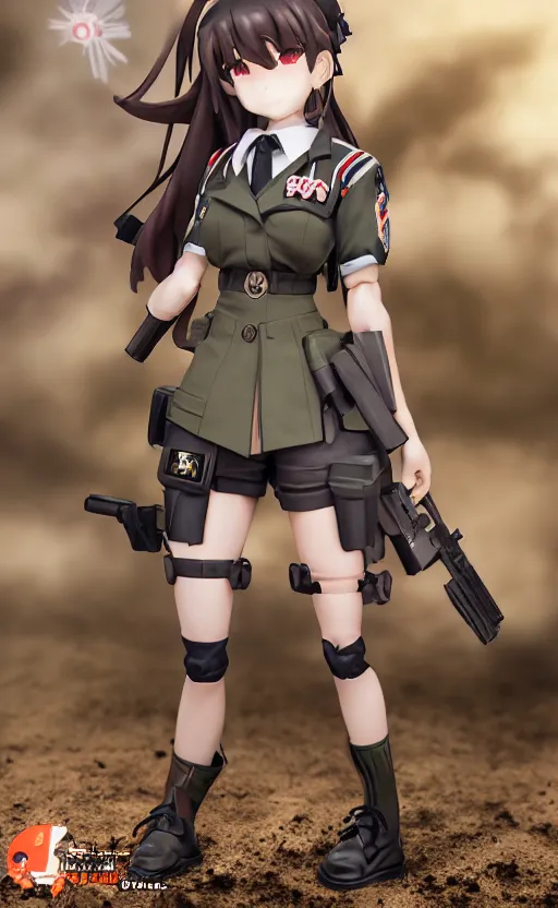 Image similar to toy photo, school uniform, portrait of the action figure of a girl, anime character anatomy, girls frontline style, collection product, dirt and smoke background, flight squadron insignia, realistic military gear, 70mm lens, round elements, photo taken by professional photographer, trending on instagram, symbology, 4k resolution, low saturation, empty hands, realistic military carrier