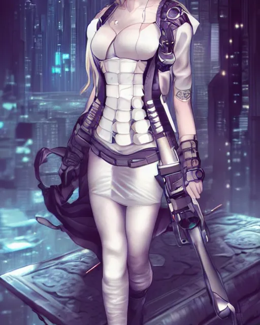 Image similar to The successful warrior is the average man, with laser-like focus, artwork by artgerm, anime, cyberpunk streets in Japan, elegant, seductive, long white hair, knee high socks, extra short blue plaid skirt, white blouse, army boots, full shot, wide-shot, long-shot, fantasy, mystical, magical