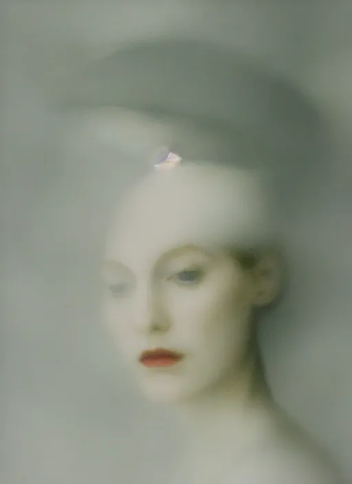 Image similar to out of focus photorealistic portrait of a beautiful pale young woman by sarah moon, very blurry, translucent white skin, closed eyes, foggy, closeup, with a weird hat