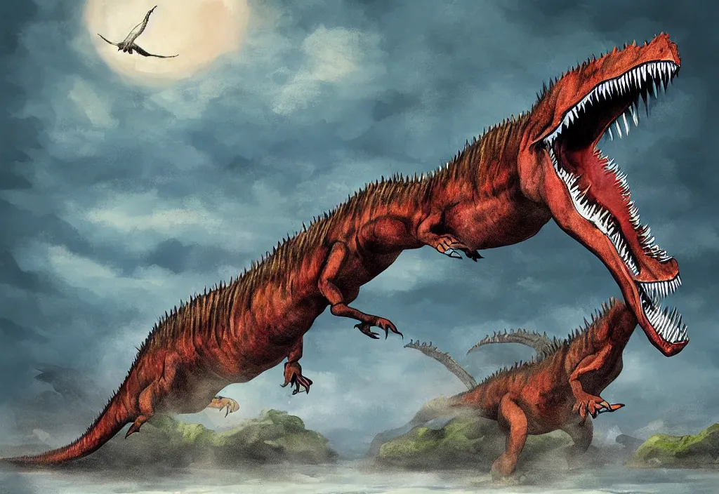 Prompt: Very detailed digital painting of a spinosaurus fighting with a t rex