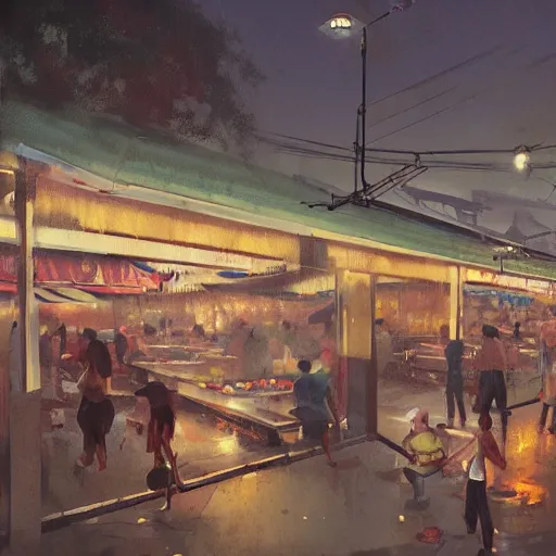 Prompt: a singaporean hawker centre at night, by greg rutkowski, digital art, award - winning