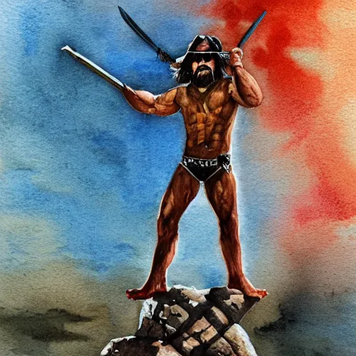 Image similar to randy savage with a ladder posing in desolate wasteland | fantasy watercolour painting | middle earth | conan | barbarian