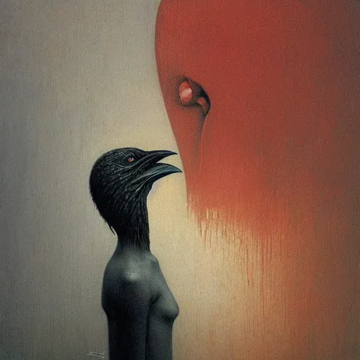 Image similar to young teen female with crow head , painting by Beksinski