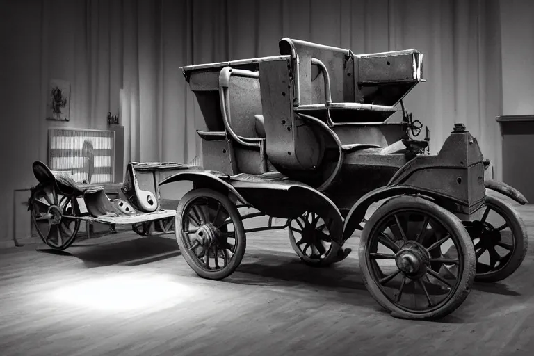 Image similar to cyberpunk 1 9 0 8 model ford t, volumetric lighting, in a museum, museum exhibit, museum lighting, 9 0 s film photo