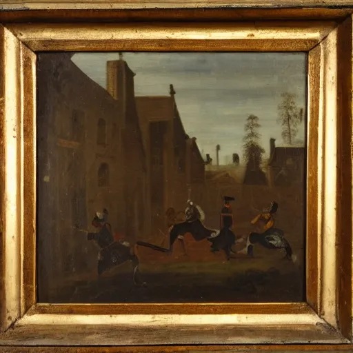 Image similar to medium-shot fencing in 17th century, oil painting, dark background, ominous,