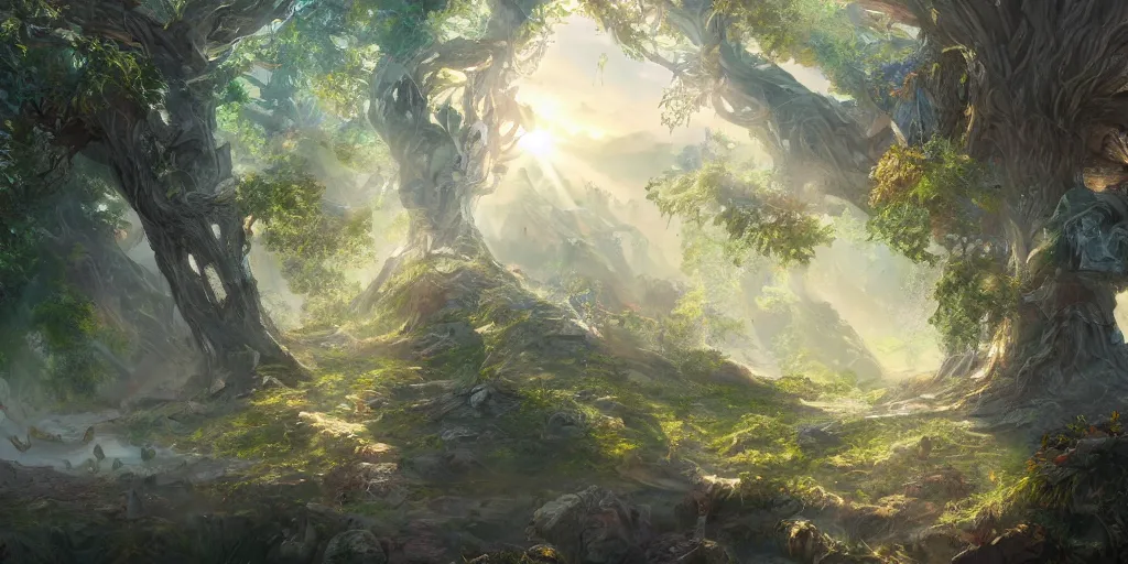 Image similar to a fantasy city nestled within the boughs of yggdrasil, illustration, bright sunlight, sun glints, sunrays, digital art, hyperrealistic, oil painting, fantasy, 8 k, trending on artstation, detailed