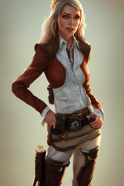 Image similar to full body, female cowgirl, perfect face, white blouse, holster, 8 k, magic the gathering, desert, d & d, artstation, high detail, smooth, sweaty character concepts by senior concept artist