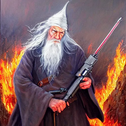 Prompt: gandalf with an ar-15, oil painting, war photo, anger, fire, dramatic, very detailed, 4k, by Jeffrey Smith and Erin Hanson and Chad Knight