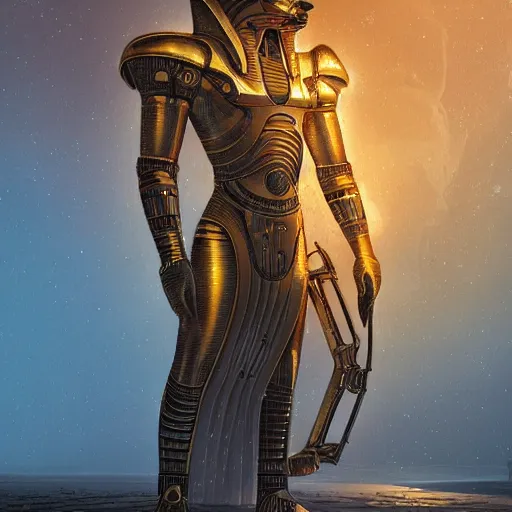 Image similar to cybernetic anubis egyptian wolf made of steel and gold in light armor, by ian pesty and alena aenami and makoto shinkai, concept art, matte painting, washed colors,