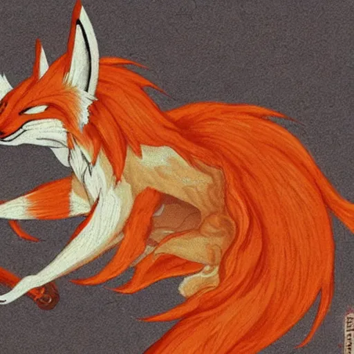 Image similar to a nine tailed fox, kitsune, japanese folklore, realistic depiction