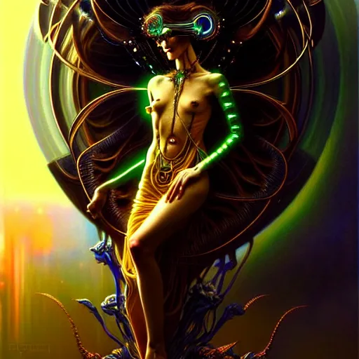 Prompt: extremely psychedelic beautiful cyborg viral goddess infected by night. intricate, elegant, highly detailed, extremely lifelike photorealistic digital painting, artstation. steichen, gaston bussiere, tom bagshaw, cyberpunk alphonse mucha. elegant minimalism. anatomically correct. sharp focus. gold, black accents. surreal lush cosmic hallucination