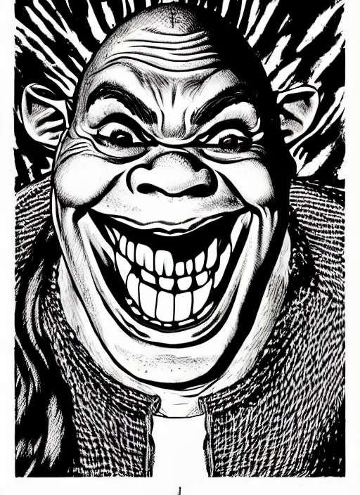 Image similar to portrait of shrek laughing, intricate, highly detailed, illustration, art by junji ito, junji ito