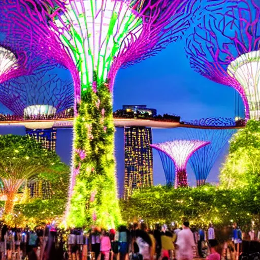 Image similar to large group of people partying at garden by the bay in Singapore, photorealistic, ultra-detailed, high resolution